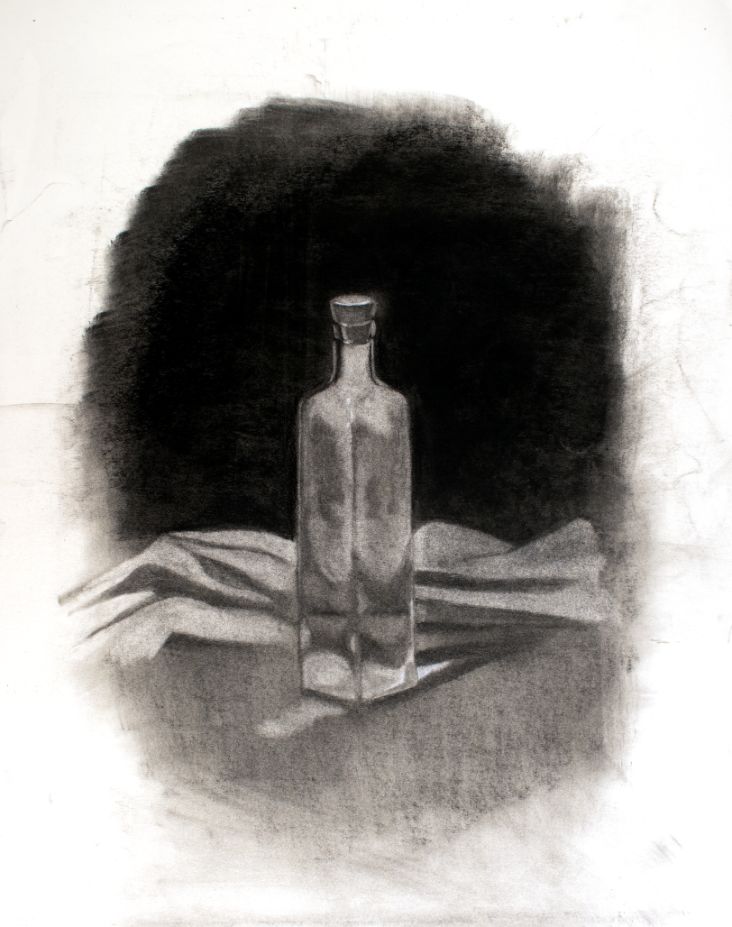 Glass bottle still life drawing in charcoal